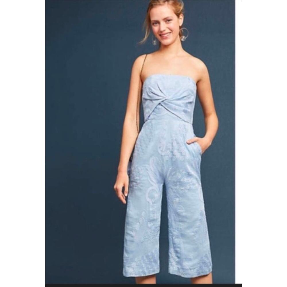 Aijek Anthropologie Natalia Silk Linen Strapless Wide Leg Jumpsuit Lt Blue Sz 1